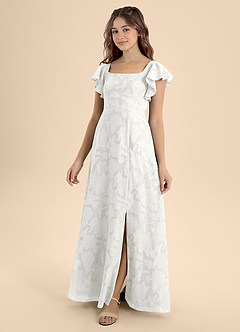 Azazie Bondi Junior White A-Line Bow Floral Burnout Dress image1