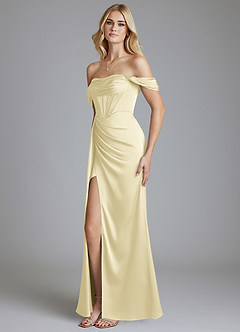 Azazie Amyra Bridesmaid Dresses Lemon Sorbet Mermaid Off the Shoulder Stretch Satin Convertible Dress image6