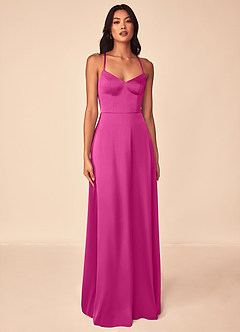 Azazie Mei Bridesmaid Dresses Fuchsia A-Line V-Neck Stretch Satin Dress image1