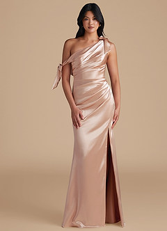 Azazie Xyla At-home Try On Dresses Auburn Sheath Off the Shoulder Metallic Satin Convertible Dress image1