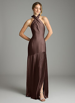 Azazie Nayeli Final Sale Ganache A-Line Pleated Stretch Satin Dress image3