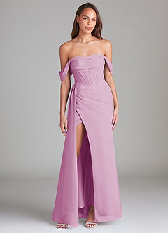 Azazie Amyra Bridesmaid Dresses Candy Pink Sheath Off the Shoulder Chiffon Convertible Dress image1