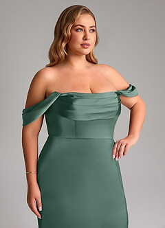 Azazie Saige Bridesmaid Dresses Eucalyptus Sheath Off the Shoulder Stretch Satin Dress image14