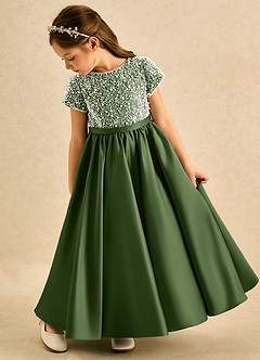 Azazie Cashew Flower Girl Dresses Olive Ball-Gown with Sleeves Matte Satin Dress image5