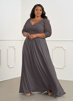 Azazie Hayek Mother of the Bride Dresses Steel Grey A-Line V-Neck Lace Chiffon Dress image6