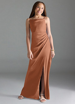 Azazie Leonis Junior Vestido Bronzeador de Cetim elástico de Linha A com Plissado image1