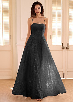 sequin a line prom dress A-Line Tulle Sequin Blue Long Prom Dress, Blue Sequin Long Formal Dress main image 1