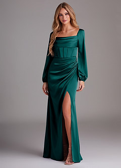 Azazie Charissa Bridesmaid Dresses Peacock Sheath Long Sleeve Stretch Satin Dress image4