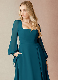 Azazie Leonia Robes de demoiselle d'honneur Robe Trapèze en Mousseline de soie Manche longue Bleu Encre image6