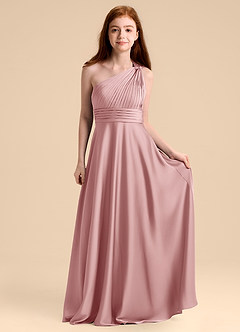 Azazie Charlize Junior Robe Trapèze en Satin extensible Plissée Rose Poussiéreuse image4