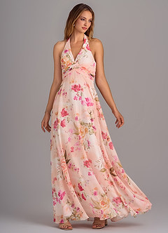 Azazie Tessie Robes de demoiselle d'honneur Robe Trapèze en Mousseline de soie Col V plissé Bouquet Florale Abstrait image4