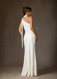 Azazie Misty Wedding Dresses Diamond White Sheath One Shoulder Floral Jacquard Dress image2