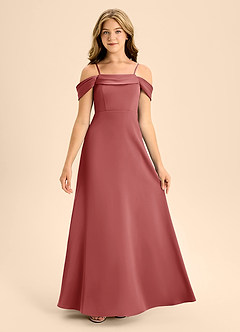 Azazie Anselie Junior A라인 오프 더 숄더 스트레치 새틴 플로어 길이 주니어 신부 들러리 드레스 image7