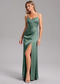 Azazie Azuree At-home Try On Dresses Dusty Sage A-Line Pleated Stretch Satin Dress image5