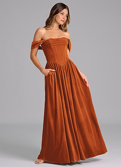 Azazie Hattie Bridesmaid Dresses Burnt Orange A-Line Ruched Velvet Dress image3