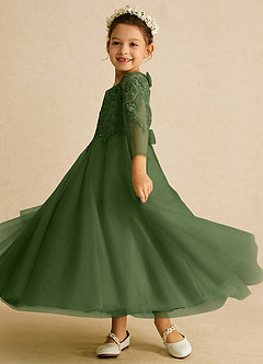 Azazie Precious Flower Girl Dresses Olive A-Line Lace Tulle Dress image5