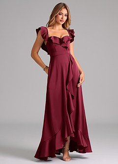 Azazie Lyra Bridesmaid Dresses Burgundy A-Line Off the Shoulder Stretch Satin Convertible Dress image2