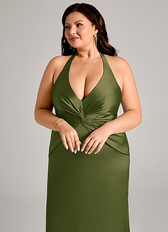 Azazie Valerie Vestidos de damas de honor Vestido Oliva Brillante de Satén Elástico de Corte Sirena con Plisado image8