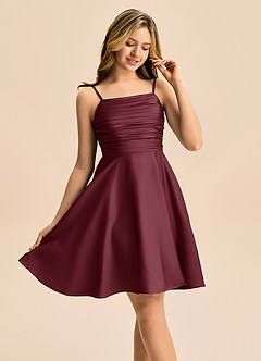 Azazie Miko Junior Linia A Pofałdowany Satyna elastyczna Mini Młodsza druhna Sukienka image3