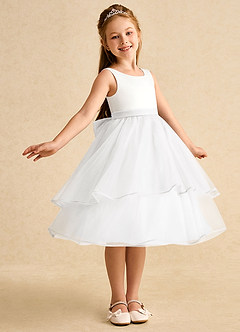 Azazie Rene Blumenmädchenkleider A-Linie Schleifen Tüll Kleid Elfenbein Weiß image1