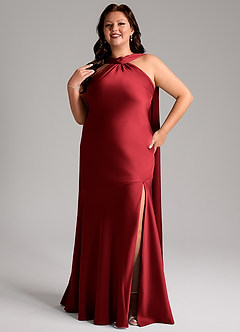 Azazie Kinsley Robes de demoiselle d'honneur Robe Sirène en Satin extensible Fente latérale Écarlate image11