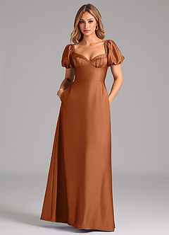 Azazie Fatima Bridesmaid Dresses Copper A-Line Pleated Stretch Satin Dress image3