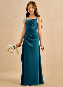 Azazie Cannoli Girls Formal Flower Girl Dresses Ink Blue A-Line Pleated Matte Satin Dress image5