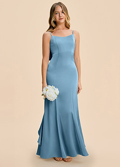 Azazie Lioren Junior Steel Blue Sheath Bow Stretch Satin Dress image2