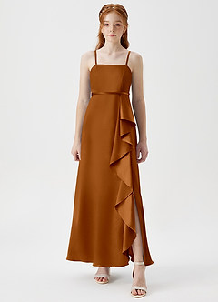 Azazie Kaylee Junior Copper A-Line with Belt Metallic Satin Dress image5