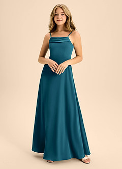 Azazie Anselie Junior Vestido de Azul Tinta de Satén Elástico de Corte En A con Vestidos sin tirantes image3