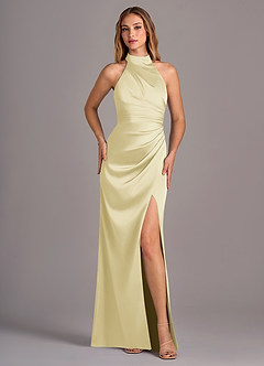 Azazie Jemma Bridesmaid Dresses Lemon Sorbet Sheath Pleated Stretch Satin Dress image5