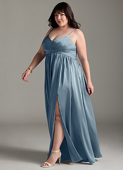 Azazie Alia Robes de demoiselle d'honneur Robe Trapèze en Satin extensible Plissée Bleu Poussiéreux image13