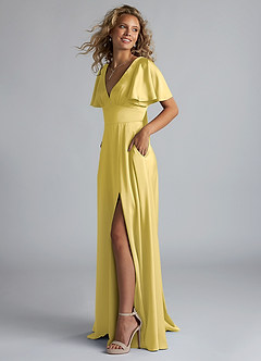 Azazie Kimber Bridesmaid Dresses Canary A-Line Ruched Stretch Satin Dress image6