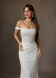Azazie Idalis Wedding Dresses Diamond White Champagne Mermaid Lace Dress image5