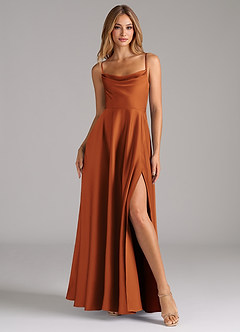 Azazie Elle Robes de demoiselle d'honneur Robe Trapèze en Satin extensible Plissée Cannelle image4