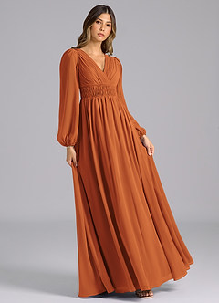 Azazie Palerma Robes de demoiselle d'honneur Robe Trapèze en Mousseline de soie Manche longue Cannelle image4