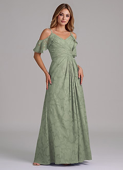 Azazie Dakota Jurken voor bruidsmeisjes Jurk van Bloemen Burn-out met A-Lijn Off the Shoulder Agave image4