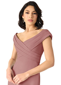 Azazie Evita Robes de demoiselle d'honneur Robe Trapèze en Crêpe Élastique Épaule décolletée Rose Poussiéreuse image4