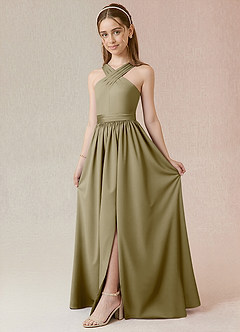 Azazie Jiya Junior A-Linie Plissee Stretch-Satin Kleid Moosgrün image1