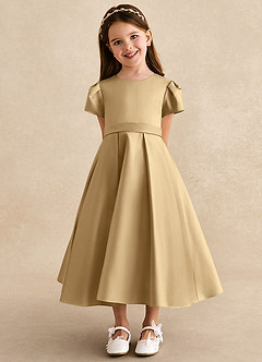 Azazie Princess Flower Girl Dresses Gold A-Line Pleated Matte Satin Dress image6