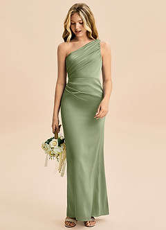 Azazie Akilah Junior Pistachio Sheath Pleated Stretch Satin Dress image3