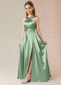 Azazie Jiya Junior Robe Trapèze en Satiné métallisé Plissée Matcha image1