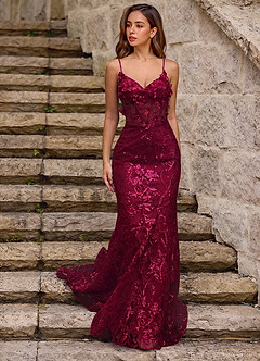 Blazing Burgundy Floral Sequin Lace Mermaid Dress image5
