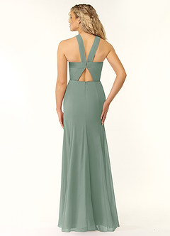 Azazie Rue Vestidos de damas de honor Vestido de Salvia Plateada de Gasa de Corte en A con Halter image2