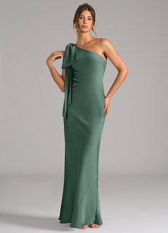 Azazie Capri Vestidos de damas de honor Vestido de Eucalipto de Satén Elástico de Corte Sirena con Hombro unilateral image3