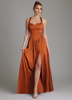 Azazie Francis Bridesmaid Dresses Cinnamon A-Line Corset Stretch Satin Dress image3