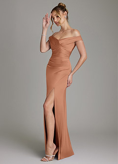 Azazie Teyana Bridesmaid Dresses Bronzer Sheath Off the Shoulder Stretch Satin Dress image5