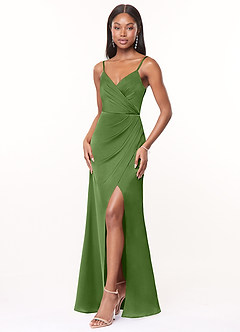 Azazie Maci Bridesmaid Dresses Basil A-Line V-Neck Pleated Stretch Satin Dress image3