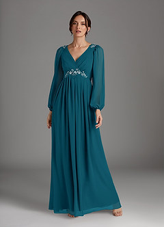 Azazie Gypsy vestidos de madre de la novia Vestido de Azul Tinta de Gasa de Corte En A con Lentejuelas cuello pico image3