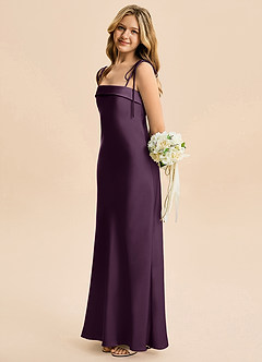 Azazie Willa Junior Vestido de Ciruela de Satén Elástico de Corte en A con Lazo image3